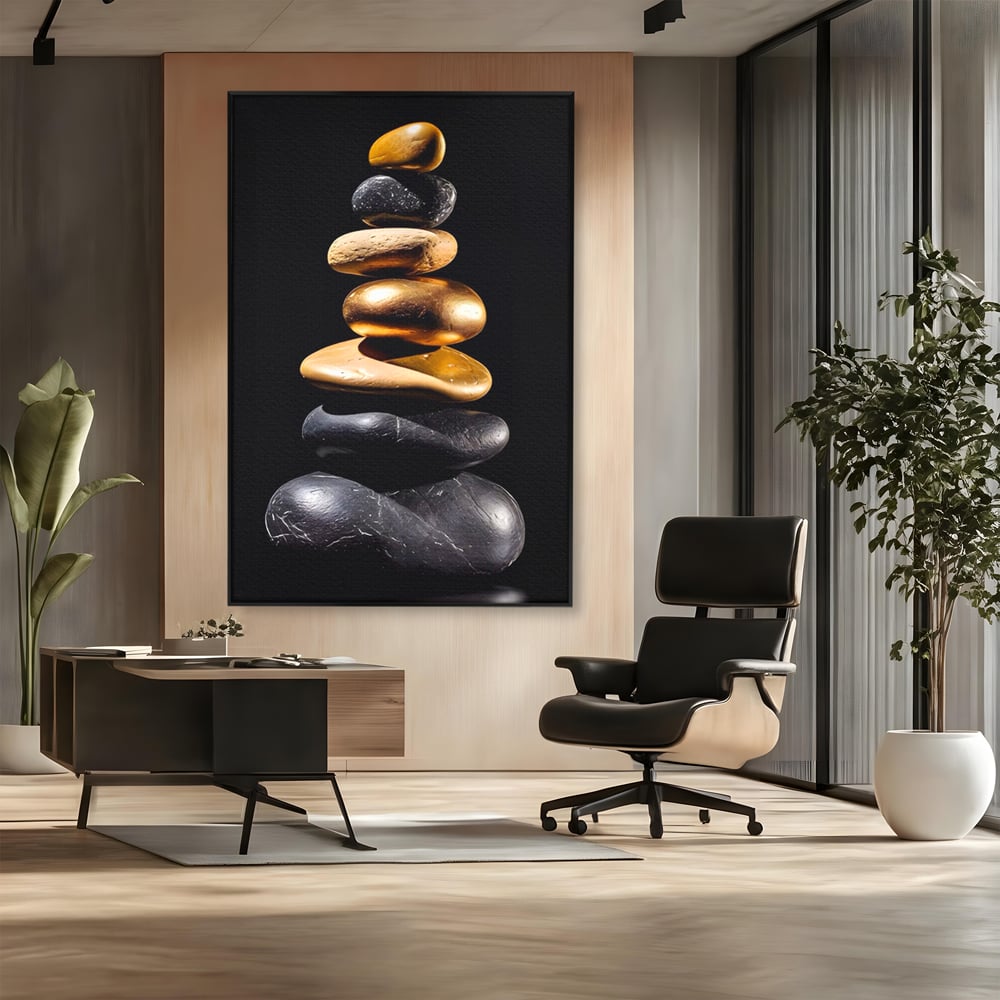 Tablou canvas cu turn vertical din pietre suprapuse, in rama de aluminiu negru, pe perete intr-un birou